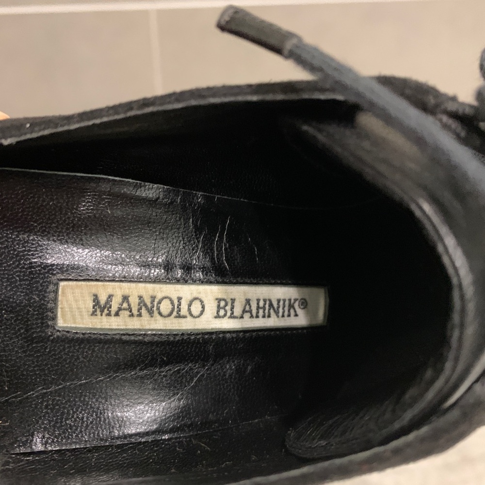 CONSIGNED. Manolo Blahnik Suede Heels with Mesh Overlay - Picture 14 of 16
